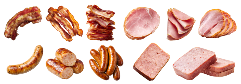 Collection of 4 set processed meat, bacon salt-cured pork, Parma ham Prosciutto, frankfurter wiener bratwurst sausage, Spam luncheon meat, sliced whole pile, transparent cutout PNG. Mockup for design