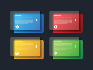 4 points infographic with glassmorphism style with round rectangle box with layer background with 4 elements