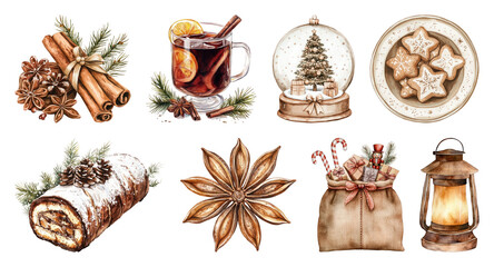 PNG Festive holiday illustrations collection, element set on transparent background