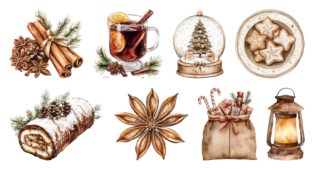 PNG Festive holiday illustrations collection, element set on transparent background