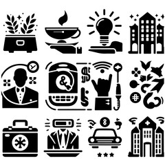 Collection of assorted business and lifestyle icons including plants, buildings, and technology items