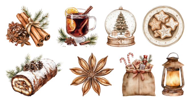PNG Festive holiday illustrations collection, element set on transparent background
