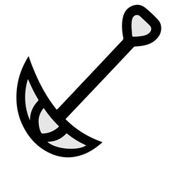 Illustration of a black and white stylized anchor with a curved fluke and a rounded handle design element