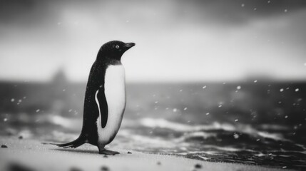 Obraz premium Penguin on sandy shore under cloudy sky monochrome nature illustration