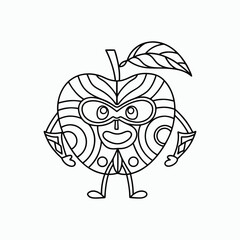 Apple Superhero Cartoon Fruit Outline Cute Funny Character Kids Design Vector Illustration