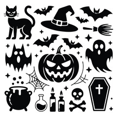 Halloween icons set with pumpkin, ghost, bat, black cat, witch hat, cauldron, coffin, and spooky elements