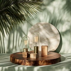 Still life with vintage light bulbs palm shadow green wall studio shot