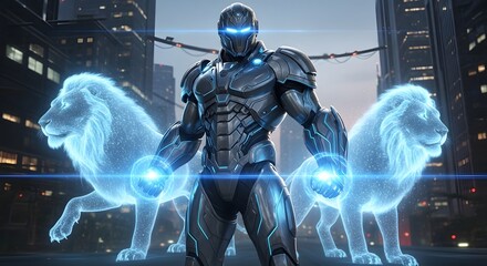 Futuristic Warrior with Holographic Lions Guarding a Cityscape