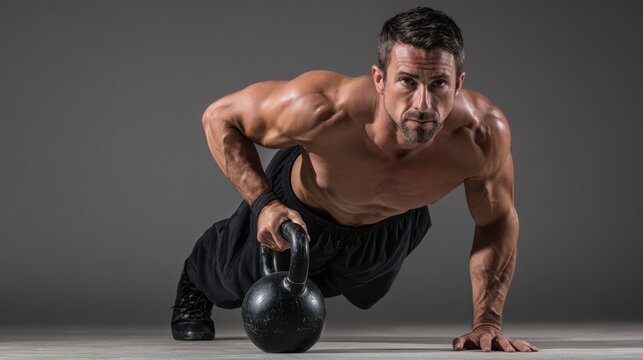 Strong athlete performing intense kettlebell push-up on grey bac