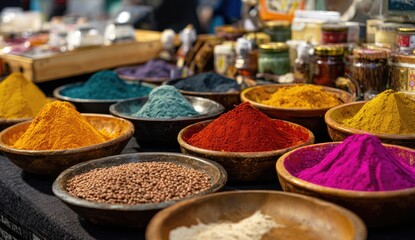 Fototapeta premium Colorful spice powders and grains in shallow wooden bowls on a market stall