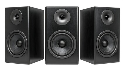 Fototapeta premium Three black audio speakers, positioned to face forward, each showcasing a tweeter and a woofer, arranged neatly