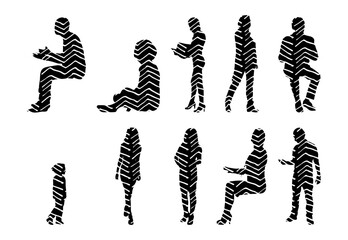 Vector illustration, Outline silhouettes of people, Contour drawing, people silhouette, Icon Set Isolated , Silhouette of sitting people, Architectural set