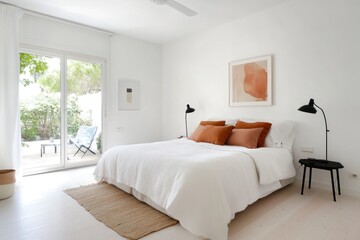 Fototapeta premium Bright and Airy Bedroom with White Walls and Soft Pastel Decor