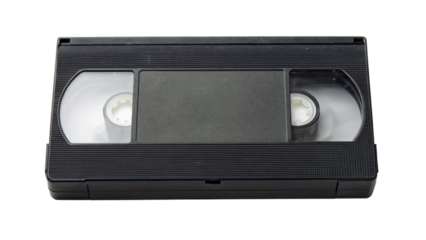 Isolated VHS video cassette tape, a retro black plastic object for old movie technology and media record on a white background