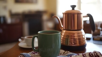Cozy morning coffee scene featuring green mug and copper kettle on table
