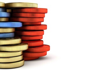 Colorful coins stacks background featuring gold red and blue metallic colors