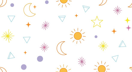 Vector illustration of seamless pattern with cute cartoon sun, moon, stars, and geometric shapes on