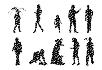 Vector illustration, Outline silhouettes of people, Contour drawing, people silhouette, Icon Set Isolated , Silhouette of sitting people, Architectural set