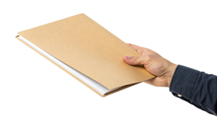 Close-up of a hand holding a brown folder, isolated for business data