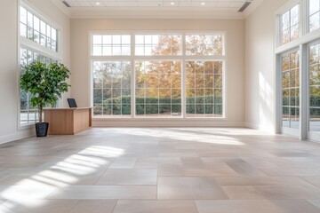 Fototapeta premium Bright and Airy Office Space with Large Windows and Spacious Desk