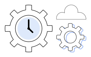 Clock represents time within gear showcasing efficiency, cloud suggests connectivity and system integration. Ideal for productivity, workflow, automation, scheduling, industry, innovation, team