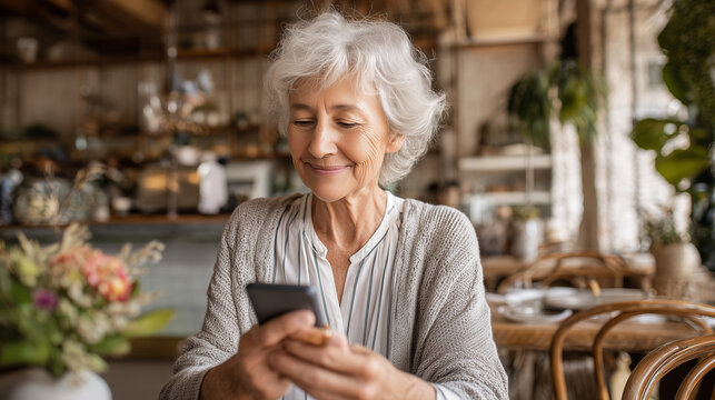 Smiling Senior Woman Using Smartphone in Cozy Caf&eacute;.