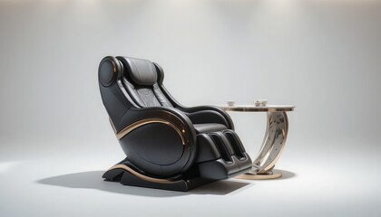A black leather massage chair with gold trim next to a small table on a white background studio shot
