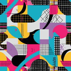 Abstract Geometric Seamless Pattern with Retro Shapes Colorful 80s Memphis Style Background	