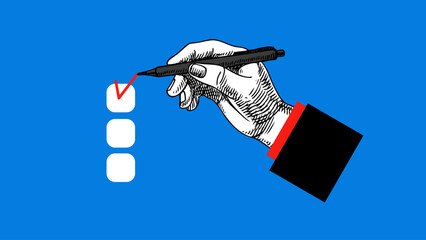 Sketch hand with pen marking red check. Modern trendy collage concept of task completion, planning, organization, productivity, business strategy. Retro hand drawn vector illustration.