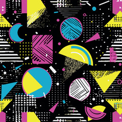 Abstract Geometric Seamless Pattern with Retro Shapes Colorful 80s Memphis Style Background	