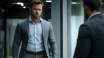 Confident businessman staring in reflection in office building glass wall