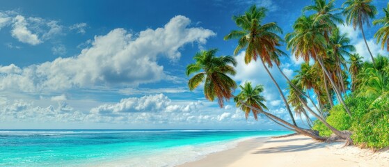 The serene beach with palm trees under a bright blue sky