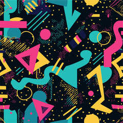 Abstract Geometric Seamless Pattern with Retro Shapes Colorful 80s Memphis Style Background	