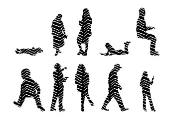 Vector illustration, Outline silhouettes of people, Contour drawing, people silhouette, Icon Set Isolated , Silhouette of sitting people, Architectural set