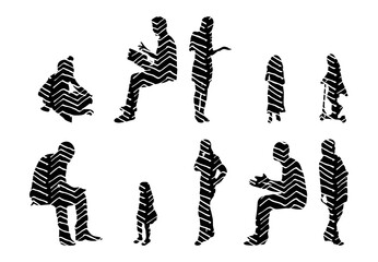 Vector illustration, Outline silhouettes of people, Contour drawing, people silhouette, Icon Set Isolated , Silhouette of sitting people, Architectural set