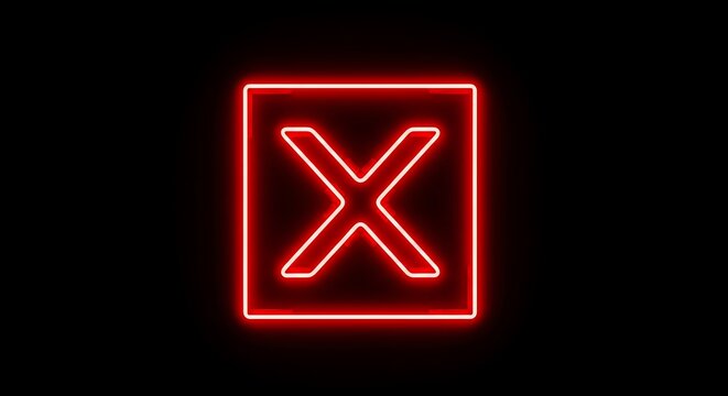 A red neon x inside a square glows against a black background