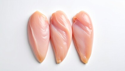 Fototapeta premium Three raw, skinless chicken breasts with smooth glossy texture and light pink color, placed side by side on white surface, showcasing freshness and culinary preparation.