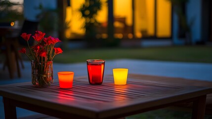 Romantic evening outdoor scene with red flowers, glasses and candle lights on the wooden table