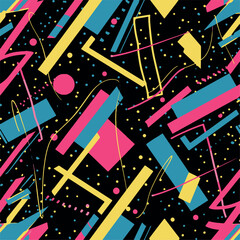 Abstract Geometric Seamless Pattern with Retro Shapes Colorful 80s Memphis Style Background	