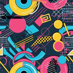 Abstract Geometric Seamless Pattern with Retro Shapes Colorful 80s Memphis Style Background	