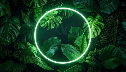 Lush tropical foliage frames a glowing neon circle, creating a vibrant, modern design element. The dark background enhances the bright light