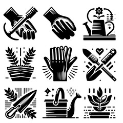 Collection of nine black and white gardening icons featuring tools plants and protective gear for hands