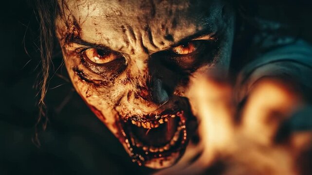 Aggressive female zombie with bloodied face, yellow eyes, reaching menacingly through dark post apocalyptic landscape, embodying terrifying outbreak survival horror atmosphere