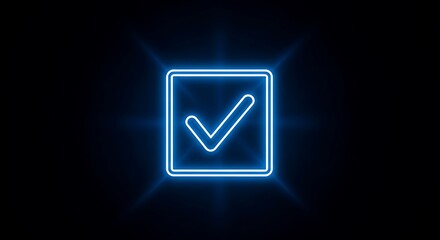 Blue neon check mark inside a square on a black background indicating approval