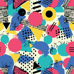 Abstract Geometric Seamless Pattern with Retro Shapes Colorful 80s Memphis Style Background	