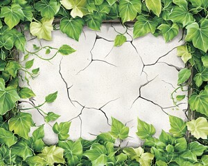 Cracked wall overgrown with vibrant green ivy and leaves background design