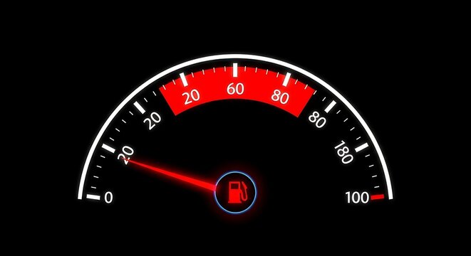 Fuel gauge showing empty tank with red needle on black background - Powered by Adobe