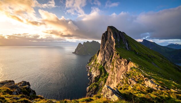 A dramatic, panoramic view of a rugged coastal mountain range meeting a vast body of water under a cloudy sky