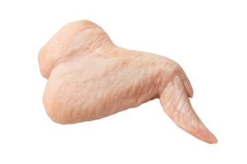 Raw chicken foot with pale skin and curled claw, isolated on transparent background