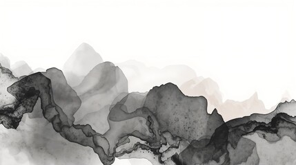 Abstract monochrome watercolor painting featuring layered mountain shapes against a white background